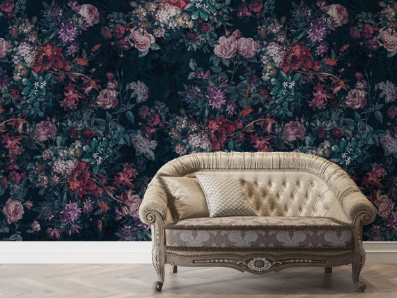Night Garden - Dark Background Floral Wallpaper, Traditional and Peel and Stick Wallpaper