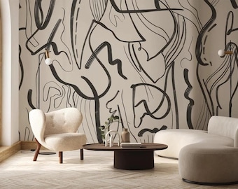 Minimalist Black Abstract Lines Wallpaper on Beige Background, Modern Line Art Wall Mural, Scandinavian Brush Stroke Wall Decor