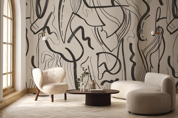 Minimalist Black Abstract Lines Wallpaper on Beige Background, Modern Line Art Wall Mural, Scandinavian Brush Stroke Wall Decor