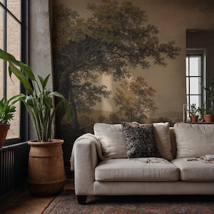 Vintage Landscape Tree Wallpaper Mural, Scenery Best Wallpaper for Walls, Scenic Removable Wallpaper, Dark Landscape Arte Mural