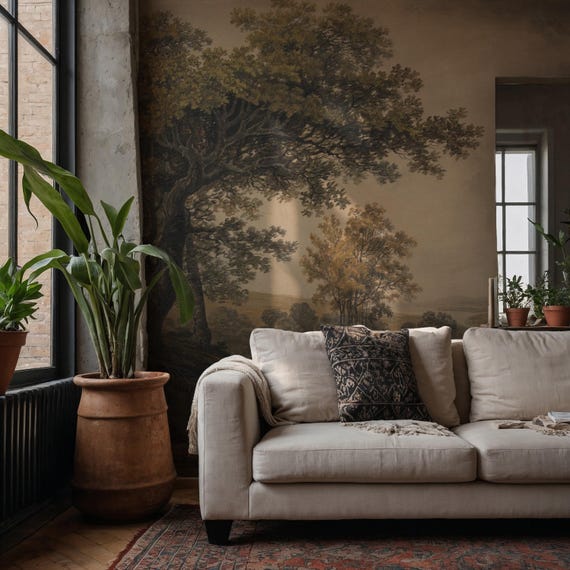 Vintage Landscape Tree Wallpaper Mural, Scenery Best Wallpaper for Walls, Scenic Removable Wallpaper, Dark Landscape Arte Mural