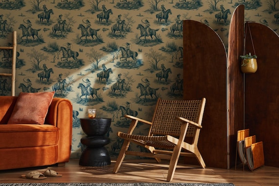 Vintage Western Cowgril Toile Peel and Stick Wallpaper, Blue Western Motif Cowgirl Rodeo Horse, Western Pattern Removable Wallpaper