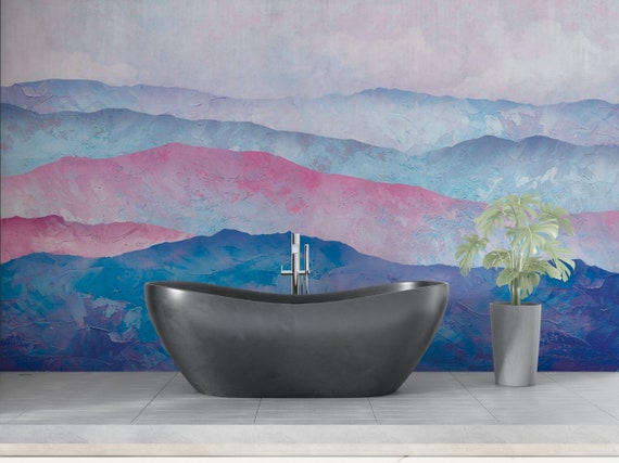 Pink and Blue Mountain Landscape Modern Wallpaper, Abstract Art Wallpaper, Traditional and Peel and Stick Wallpaper