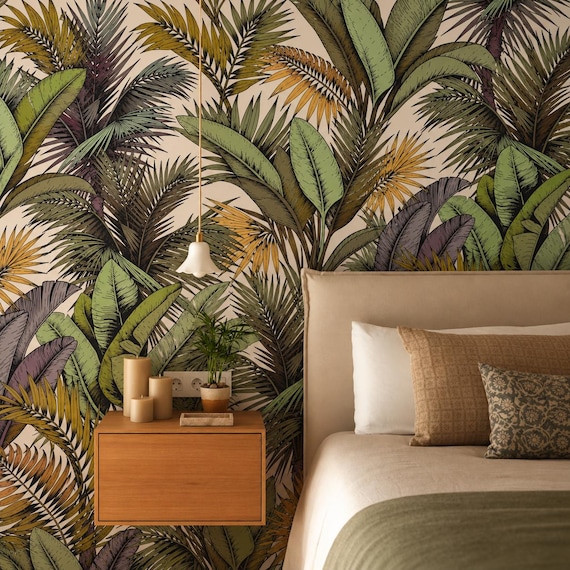 Vintage Tropical Leaf Wallpaper - Olive Banana Palm Mural, Botanical Accent Wall