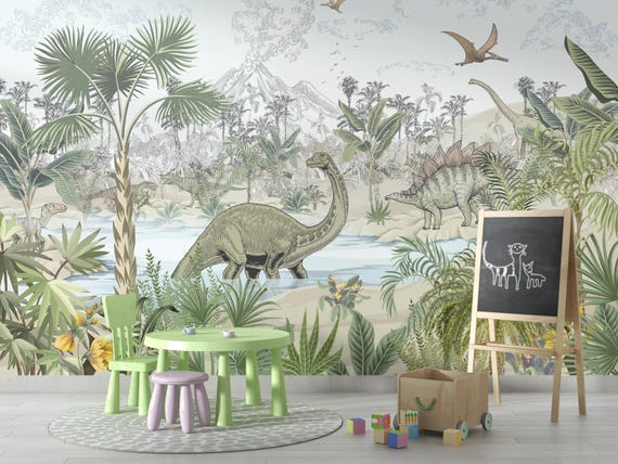 Jurassic Dinosaur Wall Mural for Kids Room, Dinosaur Nursery Wallpaper, Boys Room Wallpaper, Traditional and Peel and Stick Wallpaper