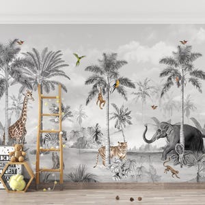 Carta da parati foresta tropicale in bianco e nero, carta da parati animali esotici della giungla, decorazioni murali vintage con natura, arte murale moderna a tema tropicale