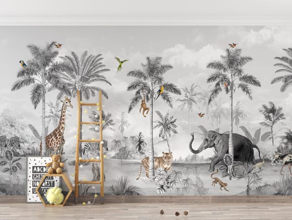 Black and White Tropical Forest Wallpaper, Exotic Jungle Animals Wallpapers, Vintage Nature Wall Decor, Modern Tropical Theme Wall Art