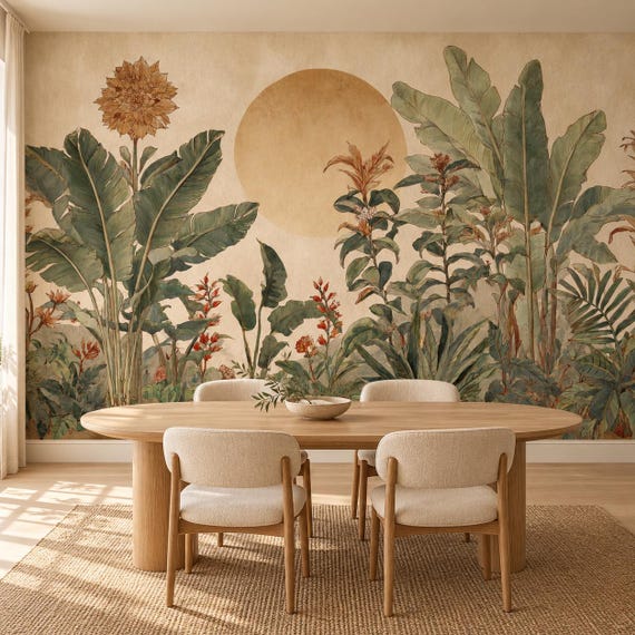 Sun Jungle Tropical Botanical Wallpaper - Boho Nature Banana Leaf Sun Peel and Stick Wall Mural