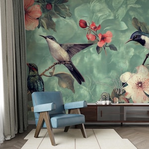 Carta da parati con uccelli e fiori tropicali ad acquerello, elegante decorazione murale floreale ispirata alla natura vintage, carta da parati Cottagecore, sfondi personalizzati