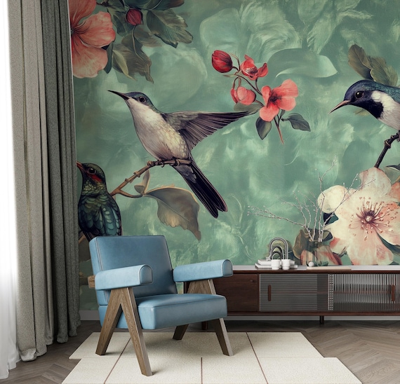 Watercolor Birds and Tropical Flowers Wallpaper, Vintage Elegant Nature Inspired Floral Wall Decor, Cottagecore Walpaper, Custom Wallpapers