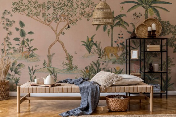 Palm Beach Tropical Jungle Wallpaper – Flamingos, Exotic Animals & Pink Forest Landscape, Botanical Design for Peel and Stick or Traditional