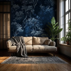 Midnight Blue Forest Wallpaper - Vintage Toile Tree Pattern Peel and Stick Wall Decor

Midnight Blue Wallpaper, Dark Forest Wallpaper, Blue Toile Mural, Botanical Tree Pattern, Woodland Wall Decor, Moody Forest Wallpaper, Navy Botanical Wallpaper, Elegant Dark Wall Mural, Vintage Toile Wallpaper, Enchanted Forest Design, Deep Blue Wall Art, Luxury Wallpaper Mural, Classic Botanical Print