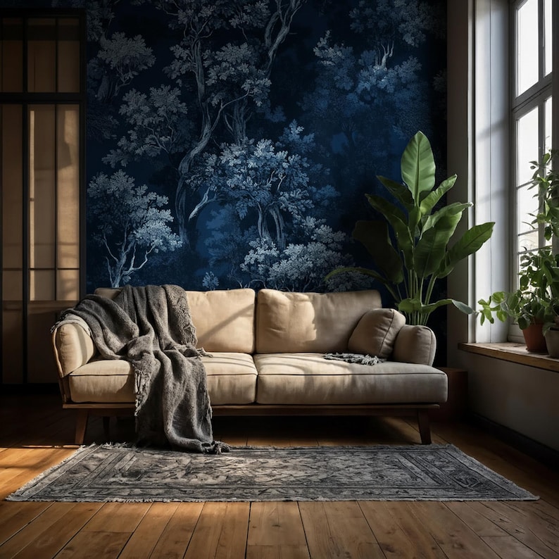 Midnight Blue Forest Wallpaper - Vintage Toile Tree Pattern Peel and Stick Wall Decor

Midnight Blue Wallpaper, Dark Forest Wallpaper, Blue Toile Mural, Botanical Tree Pattern, Woodland Wall Decor, Moody Forest Wallpaper, Navy Botanical Wallpaper, Elegant Dark Wall Mural, Vintage Toile Wallpaper, Enchanted Forest Design, Deep Blue Wall Art, Luxury Wallpaper Mural, Classic Botanical Print