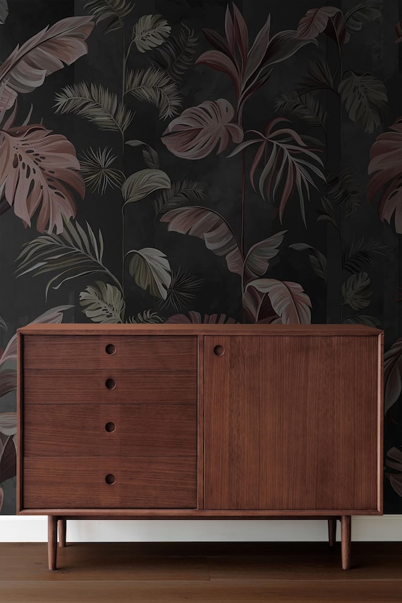 Dark Tropical Wallpaper Mural, Earthy Rose, Olive Palm & Monstera Leaves