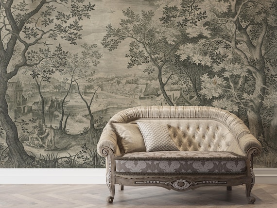 Vintage Landscape Engraving Wallpaper, Antique Black And White Wall Mural, Juda And Tamar, Traditional and Peel and Stick Wallpaper