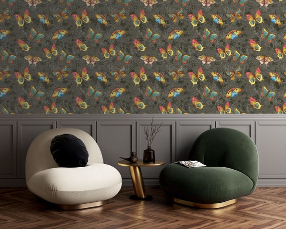 Dark Green Colorful Butterfly Pattern Wallpaper, Decorating with the Elegance of Nature, Traditional and Peel and Stick Wallpaper