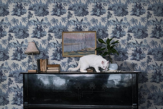 Sumatra Mystical Scene Wallpaper - Blue Toile Botanical - Tropical Jungle Peel and Stick Mural - Eclectic And Nature Inspired Decor