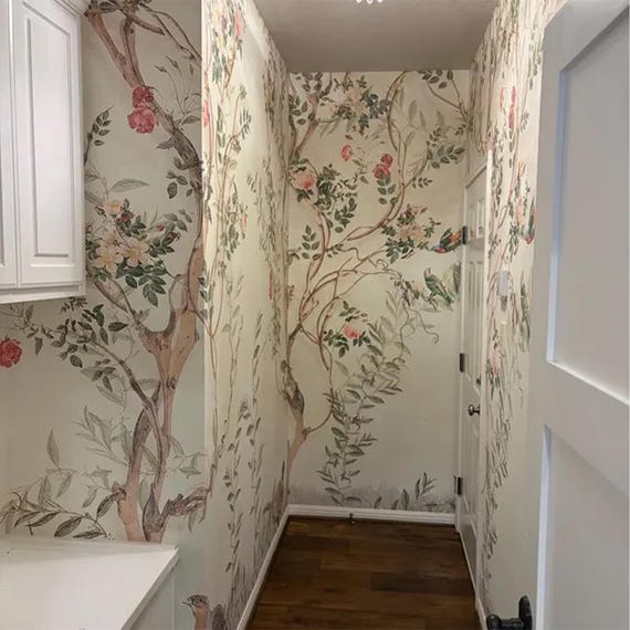 Floral Chinoiserie Wallpaper - Beige Botanical Peel and Stick Wall Mural