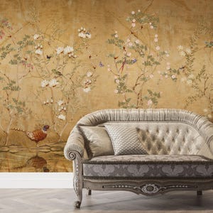 Goldener Chinoiserie Vogel, Magnolie Cottage Tapete - Vintage Wandbild für Kinderzimmer, kleines Badezimmer | Schälen und aufkleben