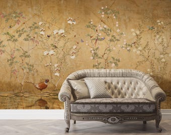 Golden Birds and Floral Chinoiserie Wallpaper - Vintage Style Botanical Peel and Stick Wall Mural