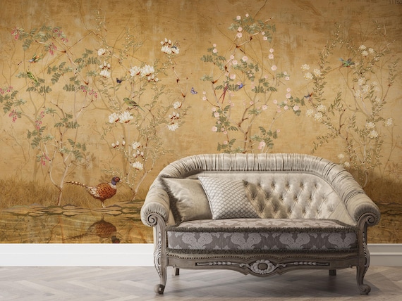 Golden Chinoiserie Bird, Magnolia Cottage Wallpaper – Botanical Vintage Mural for Nursery, Small Bathroom | Peel and Stick Available