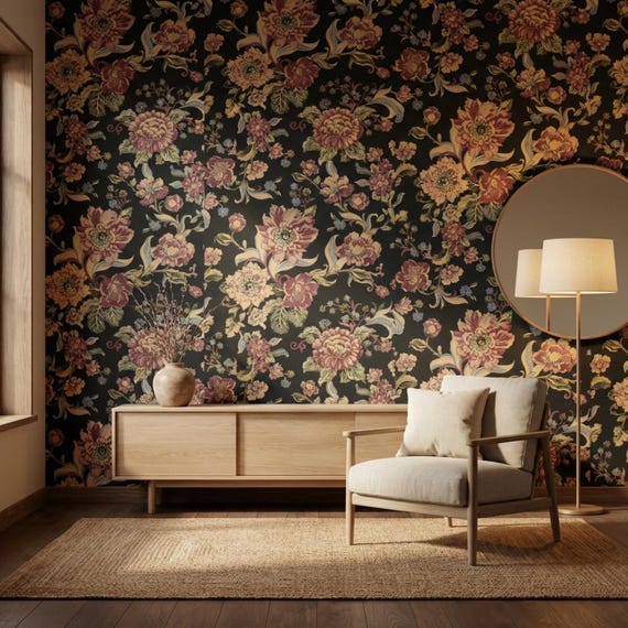 Victorian Rose Peony Wallpaper - Vintage Floral Dark Academia, Moody Goth Removable Home Decor