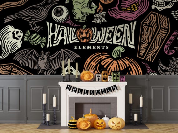 Happy Hallowen Wallpaper, Witchy - Bat - Pumpkin Hallowen Gothic Wallpaper, Haunted Mansion Removable Wallpaper, Peel and stick Wall Mural