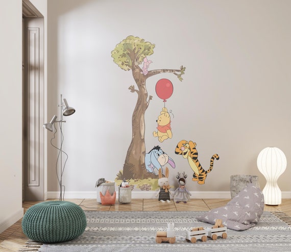 Vintage Winnie The Pooh Wall Decal, Balloon Flying Pooh Bear, Game Room Wall Decal, Kids Room Gift Wall Decals