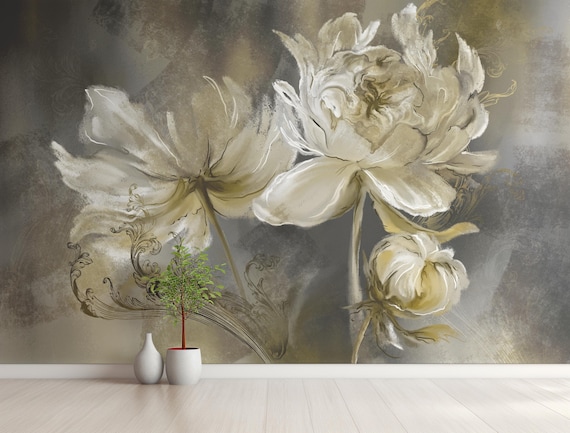Vintage Elegant Peony Wall Mural, Oil Paint Floral Wallpaper, Retro Botanical Design, Traditional and Peel and Stick Wallpaper