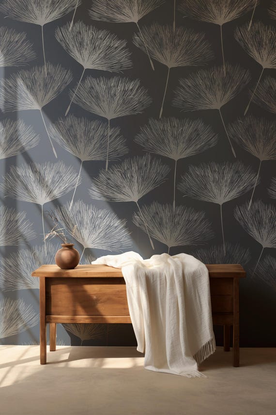 Dandelion Scandinavian Wallpaper - Modern Blue Floral Pattern Peel and Stick or Traditional Wall Mural