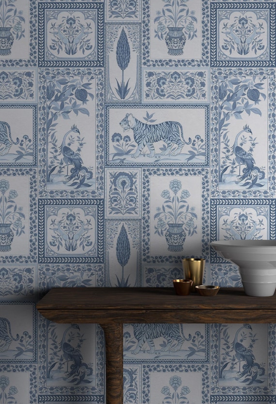 Blue Toile Chinoiserie Wallpaper - Vintage Patchwork Animal & Floral Peel and Stick Wall Mural