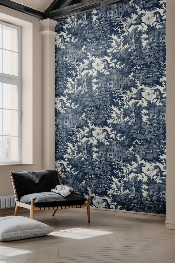 Vintage Blue Toile Fantasy Wallpaper - Unicorns and Dragons Mythical Creature Castle Mural
