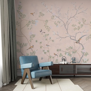 Carta da parati murale con uccelli cinesi, arte murale botanica in tenui colori pastello, elegante design con rami di alberi orientali con uccelli canterini e fiori