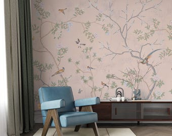 Chinoiserie Bird Wallpaper Mural: Soft Pastel Botanical Wall Art