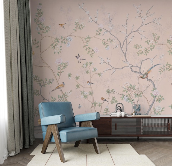 Chinoiserie Bird Wallpaper Mural, Soft Pastel Botanical Wall Art, Elegant Oriental Tree Branch Design with Songbirds and Blossoms
