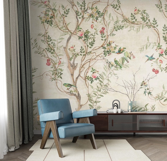 Chinoiserie Wallpaper with Birds and Floral Vines, Vintage Style Botanical Mural, Traditional and Peel and Stick Wallpaper
