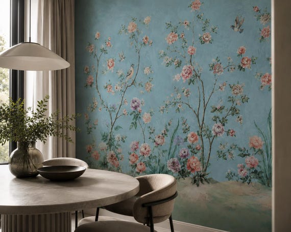 Blue Floral Chinoiserie Wallpaper - Vintage Garden Rose Bird Peel and Stick Wall Mural