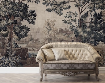 Tapeta w stylu vintage z leśnym krajobrazem, gobelin z ptakami, odklejana i przyklejana