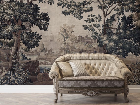 Landscape Vintage Wallpaper, Vintage Forest and Birds Tapestry, Traditional and Peel and Stick Wallpaper