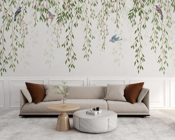Hanging Willow Leaves and Birds Wallpaper, Leaves Home Decor, Traditional and Peel and Stick Wallpaper
