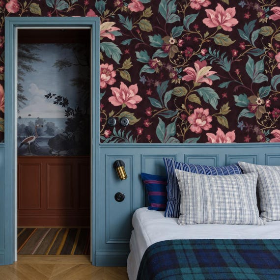 Dark Floral Wallpaper - Plum Pink Teal Botanical Wall Mural