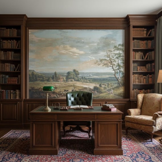 Vintage English Village Wallpaper, Scenic Landscape Wall Art, Peel and Stick