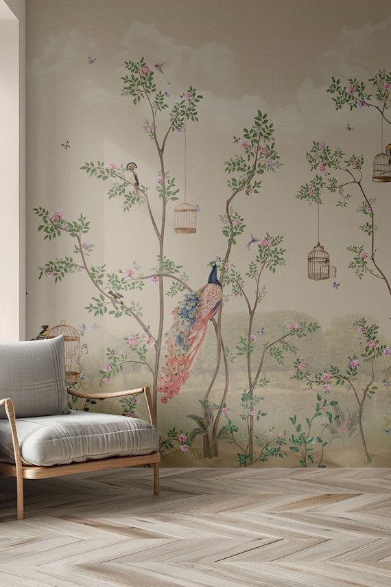 Peacock and Floral Tree Chinoiserie Wallpaper - Vintage French Garden Birds, Removable Wall Mural