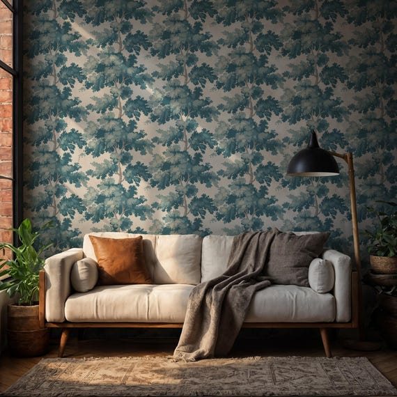 Modern Floral Wallpaper, Light Blue Tree Leaf, Floral Tree Tops Wallpaper, Traditional and Peel and Stick Wallpaper