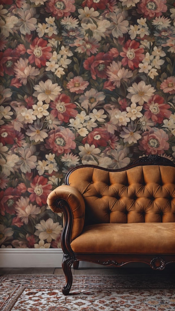 Moody Floral Wallpaper - Dusty Rose Oil Painting Botanical Wall Mural