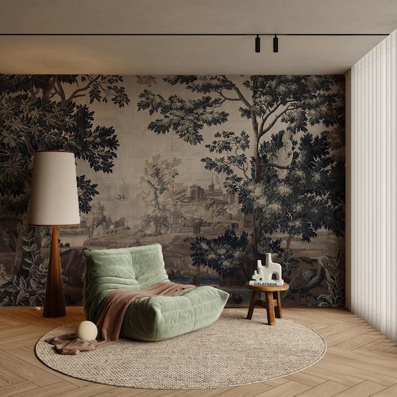 Landscape Vintage Wallpaper, Vintage Forest and Birds Tapestry, Traditional and Peel and Stick Wallpaper