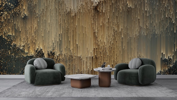 Gold Pixels Luxury Wallpaper, Metallic Textured Vertical Lines, Traditional and Peel and Stick Wallpaper