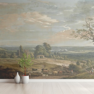 風景画のウォールアート、ビンテージ風景壁紙、自然とのタイムトラベル、伝統的な剥がして貼る壁紙