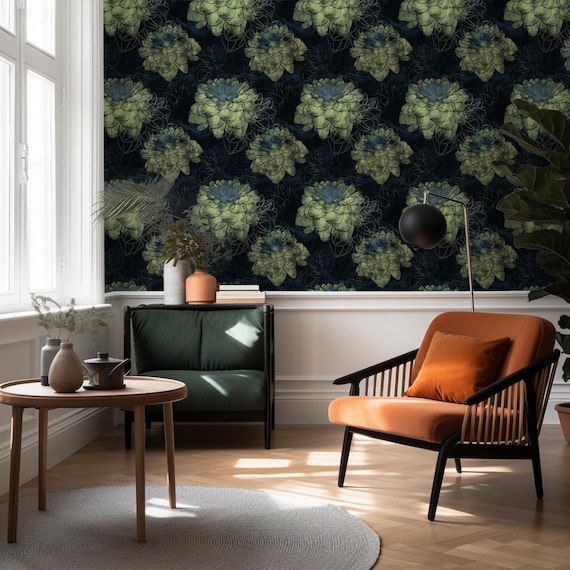 Dahlia Flower Wallpaper, Green and Blue Lotus Flower Pattern, Traditional and Peel and Stick Wallpaper