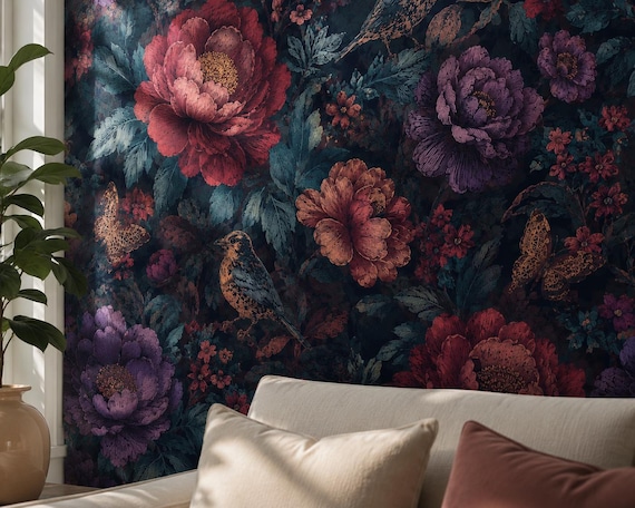 Dark Floral Birds Butterflies Wallpaper – Vintage Peonies Botanical Wall Mural